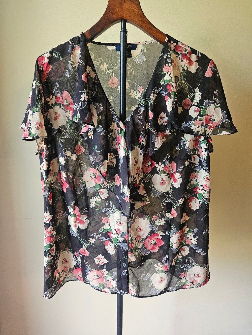 Chaps Black Sheer Floral Ruffle V-Neck Blouse Size 1X